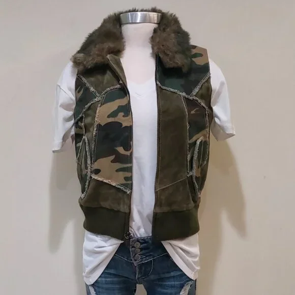 💋BOHO CHIC💋 Stunning Y2K VTG Camo Distressed Genuine Leather Vest - Picture 6 of 16
